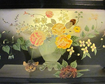 Handpainted Floral Tray, Vintage Contemporary Style, Barware, Black Laquer, with Silver Foil, Cocktail Tray, Vanity Tray,  Housewarming Gift