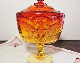 Vintage LE Smith Amberina Candy Dish, Eagle & Stars, 1960s Lidded Glass