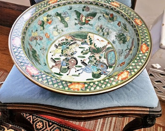 Lavabo chino antiguo, XL, pintado a mano en tonos azules con mariposas, flores y cuatro guerreros a caballo, excelente estado, cuenco de flores.
