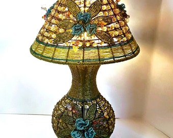 Delicate Beaded Floral Lamp,  Intricate Handwork, Blue Beaded Flowers on Spring Green, Vintage Accent Lamp, Statement Lamp, Great Gift