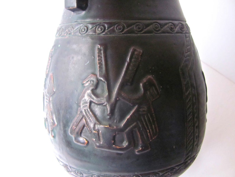 Ceramonial Motif Ceramonial Dancers Norse Pottery Excellent Bronze Metallic Glaze Vintage Vase Blue Green Patina Ceramic Pot