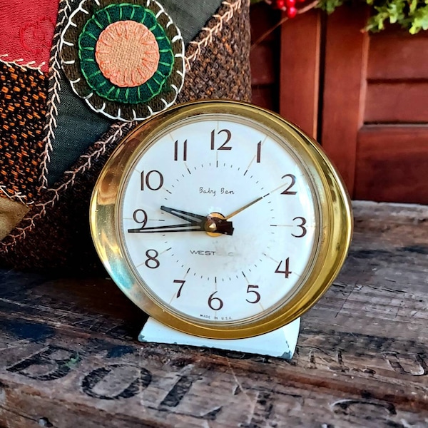 MID Century Working Baby Ben Clock by Westclox,Ivory and Brass, Keeps Perfect Time,  Alarm Works Too, Stocking Stuffer, Fun for Kids,Gramps