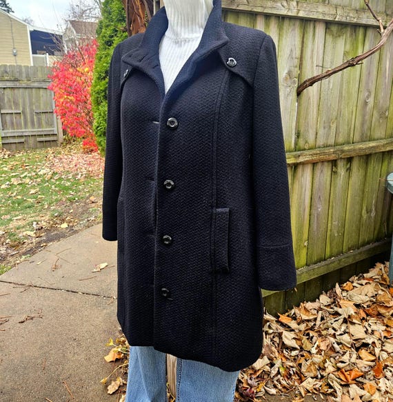 Vintage 90s Wool Blend Coat, Herringbone Winter Overcoat, L-XL