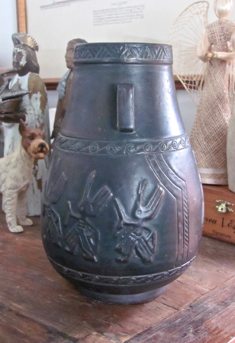 Ceramonial Motif Ceramonial Dancers Norse Pottery Excellent Bronze Metallic Glaze Vintage Vase Blue Green Patina Ceramic Pot