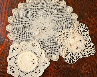 Antique Ecru Linen Doilies, Set of Three, Hand Crocheted, Circa 1800s, Perfect for Framing, Photo Props, Clothing embellishments, Perfect