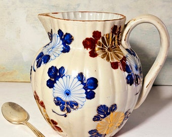 Antique Japanese Pitcher, Handmade Porcelain, Kitani Pottery, Meiji Period, Pearlescent Glaze with blue, red floral designs, Gold Accents