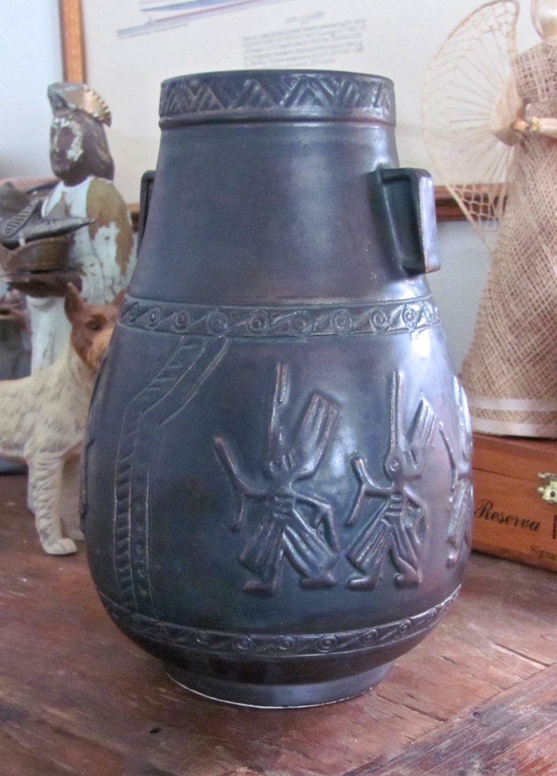 Ceramonial Motif Ceramonial Dancers Norse Pottery Excellent Bronze Metallic Glaze Vintage Vase Blue Green Patina Ceramic Pot