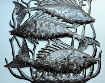 Haitian Fish Sculpture, Vintage Handmade Folk Art, Metal Wall Hanging, Tropical, Beach, Ocean, Garden Decor, For the Fisherman, Great Gift