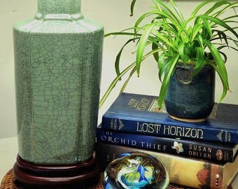 Chinoiserie Celadon Urn Lamp, Jade Green Crackle Glaze Porcelain, Carved Wood Base