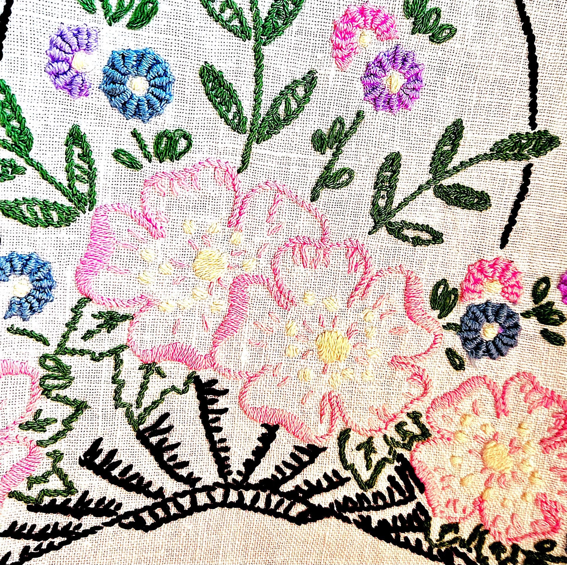 Embroidered Floral Linen Runner, Pastel Flowers in Pinks,Blues,Purples, Greens in Basket, Hand Embroidered,  Art Deco Era, Excellent  Cond.