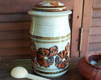 Vintage 70s Lidded Jar By Floyd Kemp, MI Studio Potter / Art Professor,Shiny Deep Amber over Tan Glaze, Lidded Stoneware Pot, Jar, Canister