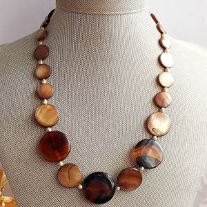 Mother of Pearl and Agate Coin Bead Necklace, Graduated Beads, Gold Tones on Chocolate Brown, New Vintage, Small Gifts for Women, Gift Wrap