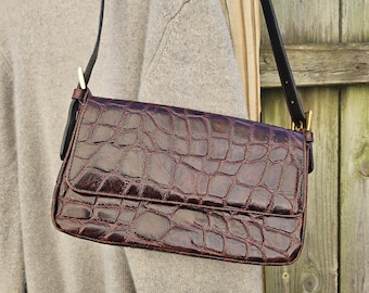 Faux Croc Leather Handbag, Brass Buckle, Adjustable Strap