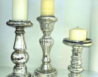 Vintage Mercury Glass Candleholders, Set of Three, Holds Larger Candles, Adds Sparkle & Shine for Weddings, Holidays, Antique Reproductions