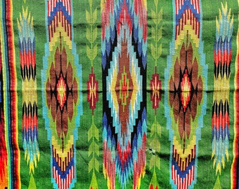 Rare Antique Saltillo Mexican Blanket, Handwoven Wool Throw, Rainbow on Green (56x76)