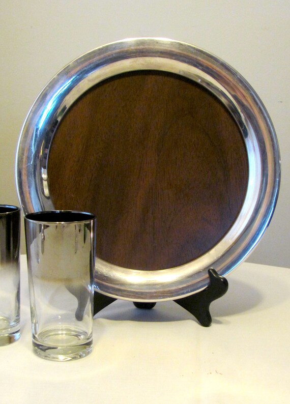 Mid Century Silver Tray Bar Silverplate Edge Wood Bar Tray Silverplate Edge Wood