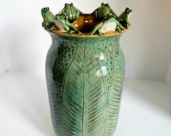 Green Vase with Frogs, Large Celedon Green Stoneware Vase, Six Frogs on Rim Hold Blossoms in Place, Great Gift, Rare Vintage Piece, OOAK