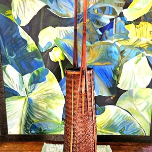 Vintage Ikebana Floor Basket with Watertight Bamboo Insert, Excellent Condition, Split Bamboo In Two Patterns, Naturally Dyed, Make Offer