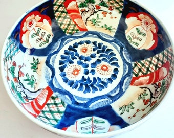 Very Large Japanese Porcelain Bowl, Arita Imari Style, Vintage Hand-Painted Blue Red on White, Salad Bowl, Very Good Condition, No Chips