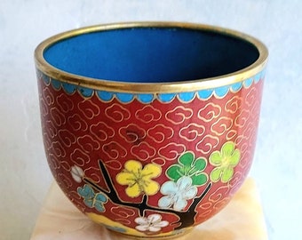 Vintage Miniature Tea Bowl, Tea Cup, Chinese Cloisonne, Red with Flowers, Turquoise Inside Brass Substrate, Very Good Condition, Pretty Gift