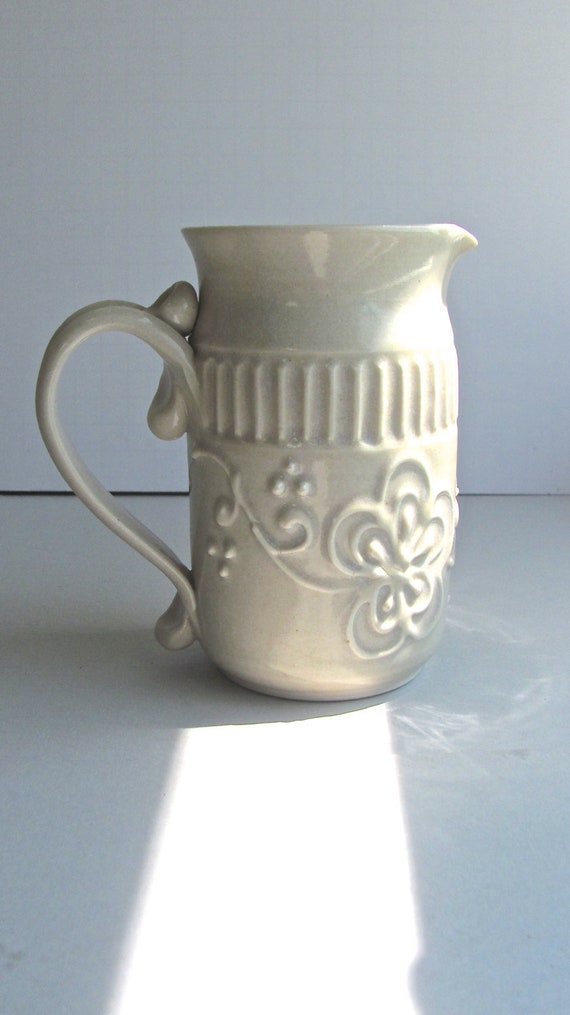 Vintage Studio Pottery Porcelain Pitcher Slip Decorated Delicate White Floral Signed By Kirin