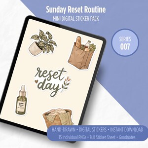 Digitale stickerpakket voor de zondagse reset: stickers voor je zelfzorgplanner, schoonmaakroutine, wekelijkse reset, GoodNotes-stickers, gezellige levensstijl (PNG).