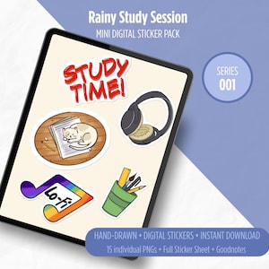 May include: A digital sticker pack displayed on a tablet. The stickers include a cat on a book, headphones, a pencil holder, and a Lo-fi music note. The text "Rainy Study Session" and "STUDY TIME!" are visible.