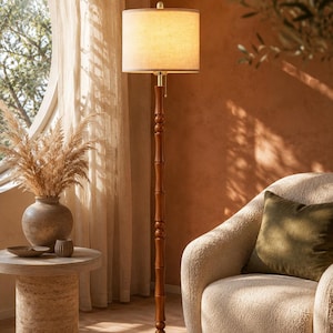 65" Rustic Wood Floor Lamp | Farmhouse Standing Lamp with Pull Chain Switch | Adjustable Warm Light | Bedroom Living Room Decor