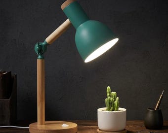 Drewniana lampa biurkowa, regulowana lampa stołowa do sypialni i biura