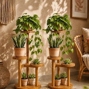 Set of 2 Wooden Plant Stands, 3 Tier Round Corner Plant Stand, Rustic Tiered Flower Pot Holder, Indoor Plant Shelf, Boho Wood Plant Table