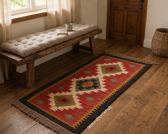 Tapis Kilim en laine et jute tissé à la main, tapis géométrique tribal bohème