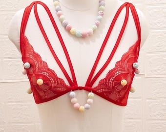 Red Lace Bralette and Cheeky Panty Set, Pastel Beaded Straps, Handcrafted Lingerie