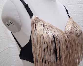 Soutien-gorge à franges en sequins dorés / haut de costume burlesque cousu à la main, soutien-gorge rave Festival Showgirl / soutien-gorge boudoir nuptiale doré / haut de bikini hippie brillant