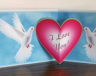 Pop up Valentines Day card with White doves