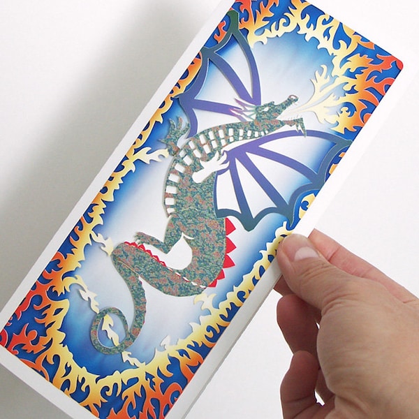 Dragon Card papercut Any occasion Fire breathing flying dragon card