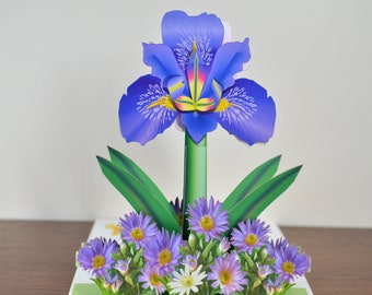 Pop up Irises Flower card Blue Iris pop-up card Any occasion card Blue purple and white irises