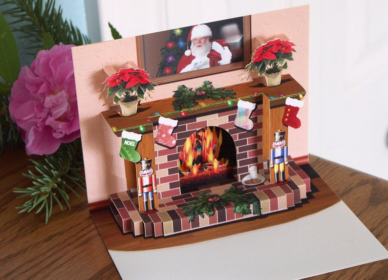 Pop up Christmas Fireplace card with popup poinsettias image 4