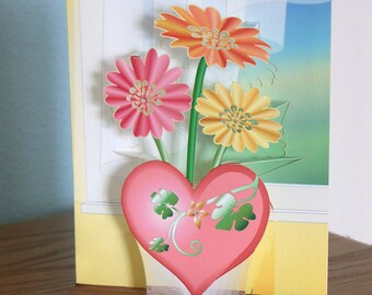 Popup Flowers card in Heart Vase 3D Gerber daisies Valentines Day Card