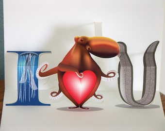 3D I heart you card with Anemone, Octopus, eel, jellyfish popup card