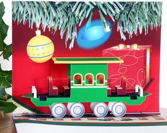 Pop up Christmas Card Emerald Green Train Passenger car