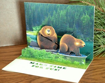 Beaver pop-up card popup Beavers paddling a SUP Beavers having fun 3D Humorous Greeting card