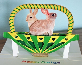 3D Pop up Easter Card Bunnies in Green and Yellow Basket