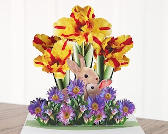 Pop up rabbits and flowers card Any occasion available in two sizes