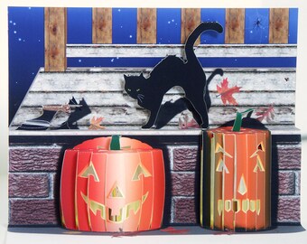 Pop up Halloween Card with black cat, carved pumpkins and bat