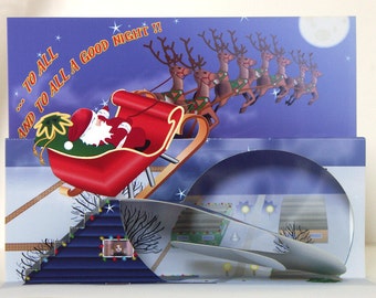 Pop up Santa Christmas card 3D Red Sleigh and reindeer greeting card
