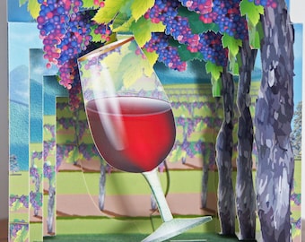 Pop up Card Celebrate Winemaking Vineyard with wine glass