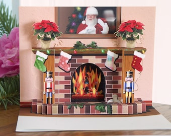 Pop up Christmas Fireplace card with popup poinsettias