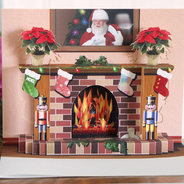 Pop up Christmas Fireplace card with popup poinsettias