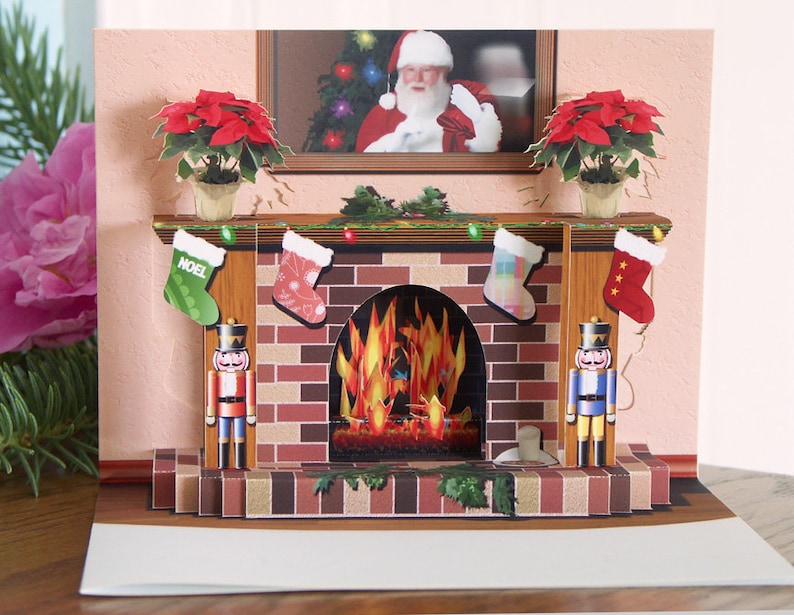 Pop up Christmas Fireplace card with popup poinsettias image 1