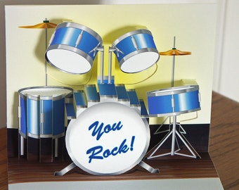 Pop up Blue Drum set Birthday Card You Rock